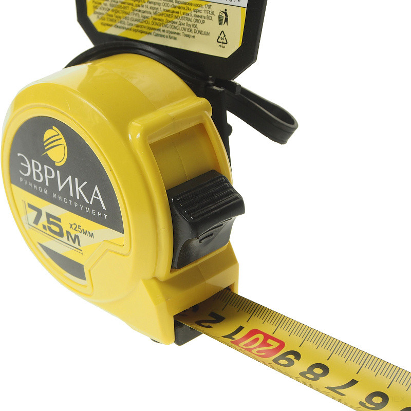 Рулетка ER-04175 7.5м 25мм YELLOW пластиковый корпус, фиксатор, держатель ЭВРИКА/1/72 NEW