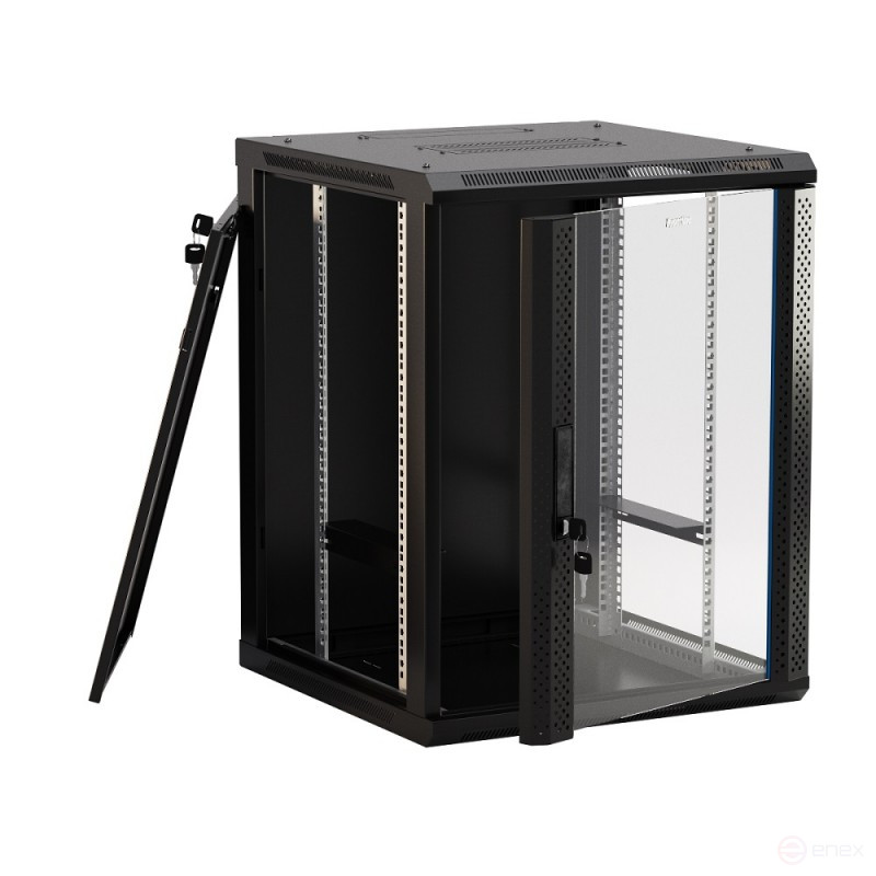 TWB-0966-GP-RAL9004 Wall cabinet 19-inch (19"), 9U, 500x600x600mm, glass door with perforation on the sides, handle with lock, color black (RAL 9004) (disassembled)