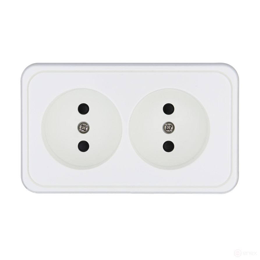 Double socket for open installation without grounding contacts with protective shutters (white), Standard