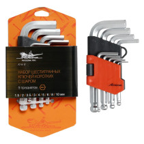 Набор шестигранных ключей коротких инбус с шаром 9 предметов (1.5,2,2.5,3,4,5,6,8,10мм) пласт.подвес AT-9-17