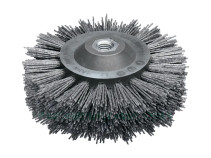 Cylindrical corrugated brush, grey plastic case PP, D140 mm, 18*7 rows, latuned corrugated wire STM 0.30 mm, height 30 mm, fit M14, maximum number of revolutions 2500, body dimensions 80*58 mm