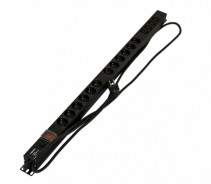 SHE-12SH-4IEC-SF-2.5EU Socket block, vertical, 12 Schuko sockets, 4 IEC320 C13 sockets, off with backlight, overvoltage protection, 2.5m (3x1.5mm2) power cable with Schuko plug 16A, 250V, 950x44.4x44.4mm (LxWxH), housing steel, black