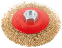 Корщетка-колесо с наклоном, гайка М14, стальная волнистая латунированная проволока 100 мм