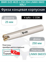 Концевая фреза корпусная 25 мм, 4 зуба, L 250 мм / BMR D25 W25 L250 Z04 LNMX 0603 KRLY (с СОЖ)