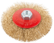 Корщетка-колесо с наклоном, гайка М14, стальная волнистая латунированная проволока 115 мм