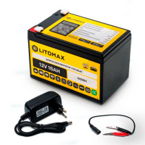 Комплект аккумулятор тяговый LITOMAX LiFePO4 12V 15Ah 192Wh + Зарядное устройство однофазное 12В 2А