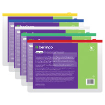 Berlingo A4 zip envelope folder, 150 microns, with a pocket for business cards, transparent, assorted