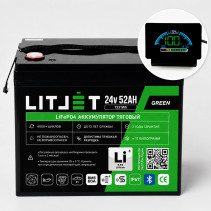 Литиевый тяговый аккумулятор ЛИТДЖЕТ, серия GREEN LiFePO4, 24 В, 52 А·ч, 1331 Вт·ч, Bluetooth BMS 60 А, дисплей LCD07, IP67