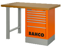 Heavy-duty workbench, MDF table top with 2 legs and 7 orange drawers 1500 mm x 750 mm x 1030 mm