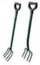 Garden pitchfork with metal handle and V-shaped handle
