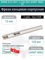 Концевая фреза корпусная 12 мм, 2 зуба, L 120 мм / EM90 D12 W11 L120 Z02 AXMT 0602 TT (без СОЖ)