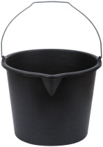 Plastic construction bucket for mixing mortar with a 12 l spout