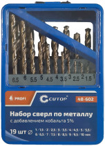 Набор сверл по металлу с кобальтом 5% в металлической коробке; 1-10 мм (через 0,5 мм), 19 шт., Cutop Profi