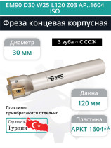 Концевая фреза корпусная 30 мм, 3 зуба, L 120 мм / EM90 D30 W25 L120 Z03 AP..1604 ISO (с СОЖ)