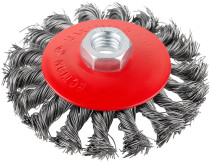 Корщетка-колесо с наклоном, гайка М14, стальная витая проволока 100 мм, блистер