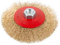 Корщетка-колесо с наклоном, гайка М14, стальная латунированная волнистая проволока 115 мм, блистер