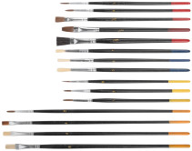 Artistic brushes, natural bristles, wooden handle, flat and round, set of 15 pcs.