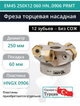Фреза торцевая насадная 250 мм, посадка 60 мм, 12 зубьев EM45 250X12 060 HN..0906 PRMT (без СОЖ) под пластину PRAMET