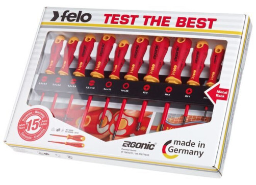 Felo Set of dielectric screwdrivers SL/PZ/PH/Tx Ergonic on a steel rack, 10 pcs 41491093