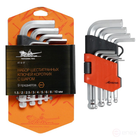 Набор шестигранных ключей коротких инбус с шаром 9 предметов (1.5,2,2.5,3,4,5,6,8,10мм) пласт.подвес AT-9-17