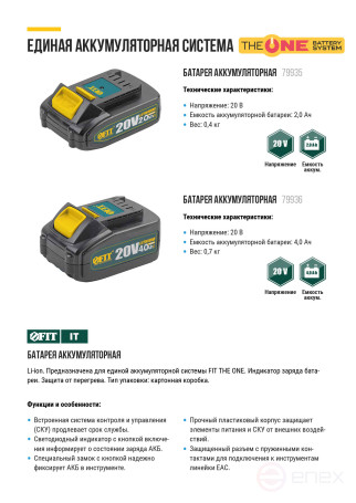 Батарея акк. 20 В; Li-Ion; 2,0 Ач; 0,4 кг ; индикатор заряда; коробка