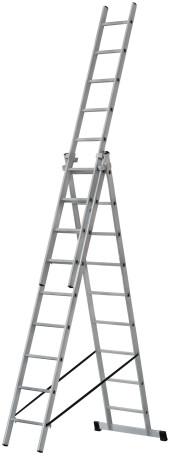 Three-section aluminum ladder, 3 x 9 steps, H=257/426/591 cm, weight 11.18 kg
