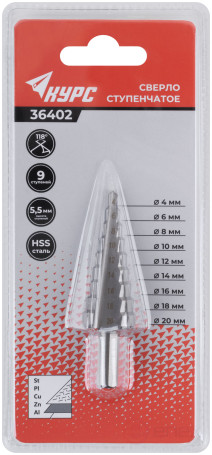 HSS step drill for metal, 9 steps, 4-20 mm