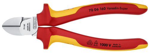 VDE side cutters, cut: failure. soft. Ø 4 mm, average. Ø 3 mm, solid. Ø 2 mm, L-160 mm,, 62 HRC, chrome, 2-K handles