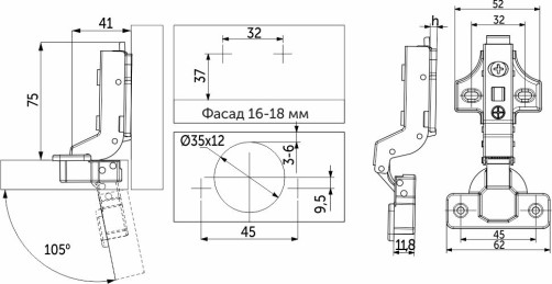 Петля внутренняя с доводчиком 45мм h0 clip-on AKS PRIME (саморезы, заглушки)