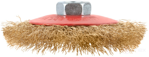 Корщетка-колесо с наклоном, гайка М14, стальная волнистая латунированная проволока 100 мм