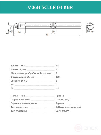 M06H SCLCR 04 KBR internal carbide boring cutter right, 6 mm / plate CC*T 0402**