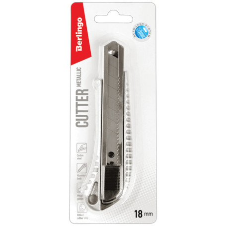 Stationery knife 18 mm Berlingo "Metallic", auto-lock, metal case, European suspension