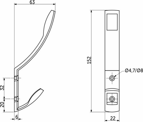 Крючок меб. двухрожковый мет. W007 хром матовый AKS (тип2)