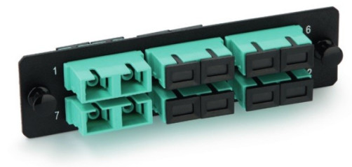 FO-FPM-W120H32-12LC-AQ Panel for FO-19BX with 12 LC adapters, 12 fibers, OM3/OM4 multimode, 120x32 mm, aqua color adapters
