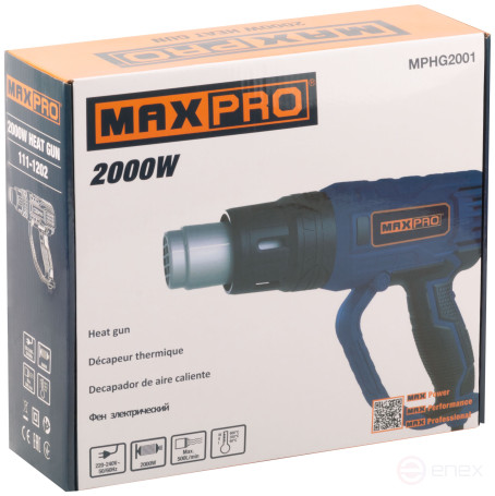 MAX-PRO Technical hair dryer 2000 W; 60/350/600°C; 500 l/min; 0.76 kg; rubber cable; rubber inserts; box.