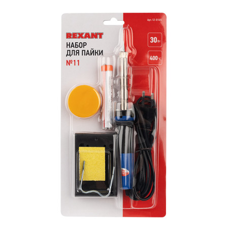 REXANT soldering kit No. 11 (soldering iron 30 W, stand, sponge for removing solder, rosin, solder)