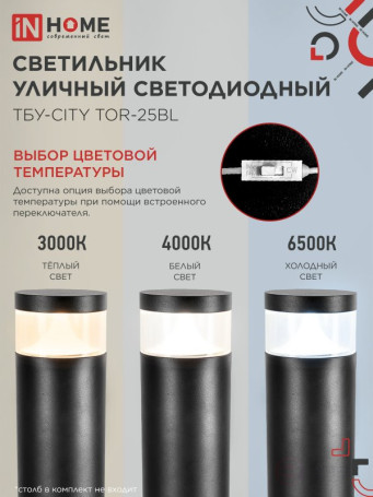 Светильник уличный светодиодный на столб ТБУ-CITY LID-25BL 25Вт 3000/4000/6500К 90x120мм черный IP54 IN HOME