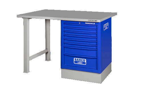 Heavy-duty workbench, metal table top with 2 legs and 6 drawers in blue color 1500 mm x 750 mm x 1030 mm