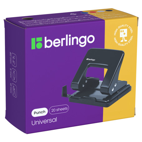 Berlingo "Universal" hole punch 20 l., metal, black, with ruler