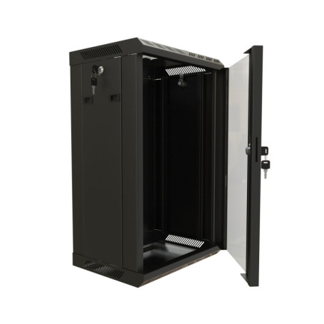 TDB-15U-GP-RAL9004 Wall cabinet 10", 15U, 774.5x390x300, set size 254 mm, with glass door, opening walls, possibility of installing a fan, color black (RAL 9004) (assembled)