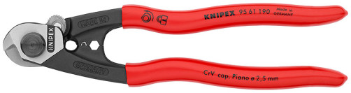 Cable cutter, cut: cable Ø 7 mm, cable Ø 5 mm, provol. cf. Ø 4 mm, royal. string Ø 2.5 mm, L-190 mm, crimp bowden. cables, black, 1-k handles, holder