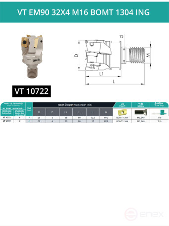 VT EM90 32X4 M16 BOMT 1304 ING Milling Replacement Head 32 mm with M16 Thread / without COOLANT