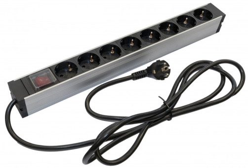 SHZ19-8SH-S-2.5EU Socket block for 19" cabinets, horizontal, 8 Schuko sockets, illuminated switch, 2.5m (3x1.5mm2) power cable with Schuko plug 16A, 250V, 482.6x44.4x44.4mm (LxWxH), aluminum housing