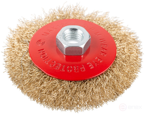 Корщетка-колесо с наклоном, гайка М14, стальная латунированная волнистая проволока 100 мм, блистер