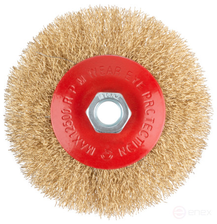 Корщетка-колесо с наклоном, гайка М14, стальная волнистая латунированная проволока 115 мм