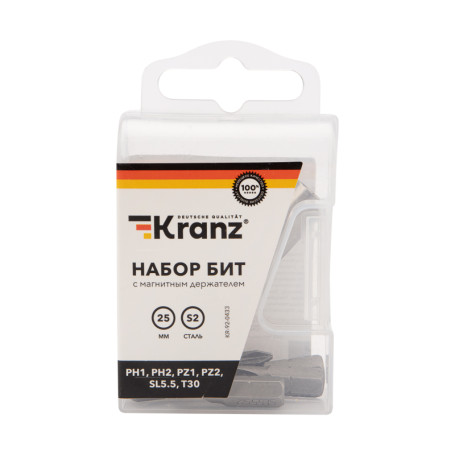 25 mm PH1, PH2, PZ1, PZ2, SL5.5, T30 Bit Set with Magnetic holder (7 pcs/pack) Kranz