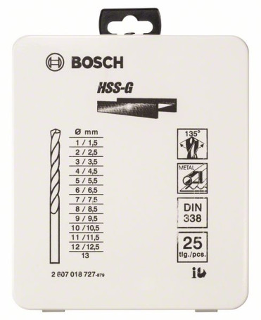 Set of 25 metal drills HSS-G, DIN 338, 135°, in a metal cassette 1-13 mm, 135°