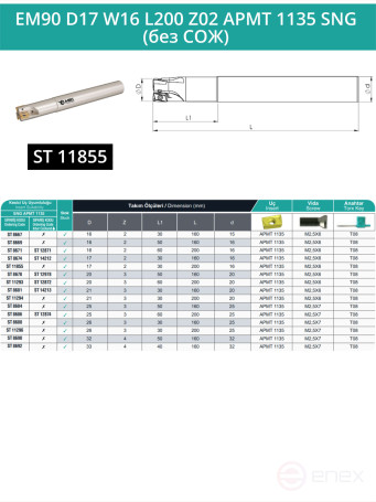 Body end mill 17 mm, 2 teeth, L 200 mm / EM90 D17 W16 L200 Z02 APMT 1135 SNG (without coolant)