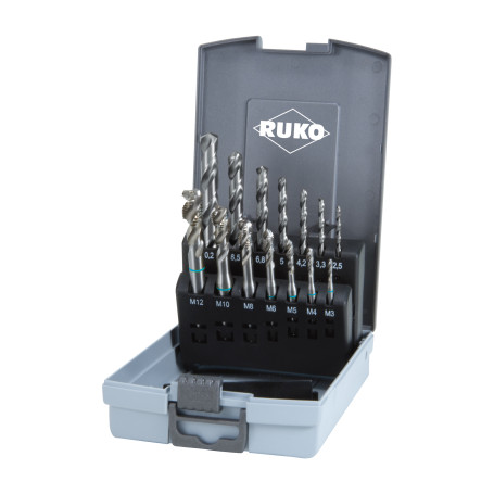 Set of HSS machine taps for blind holes in a plastic case, 14 items