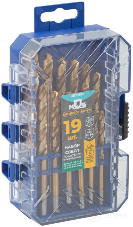 A set of HSS metal drills, ground, titanium coating, 135° sharpening angle, layer. case, 19 pcs. (1-10 mm, through 0.5 mm)